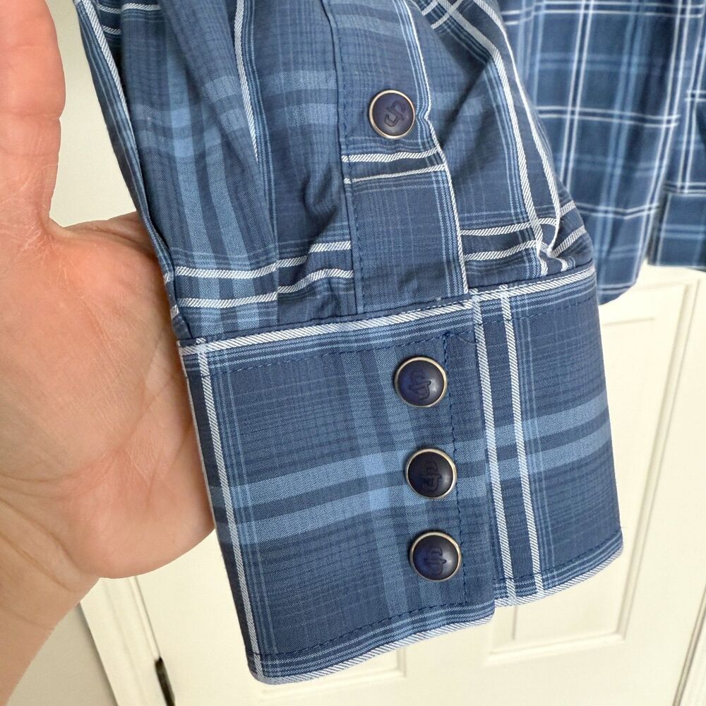 Stetson Mens M Blue Plaid Matte Navy Pearl Snap Long Sleeve Button Down Shirt - Picture 5 of 9